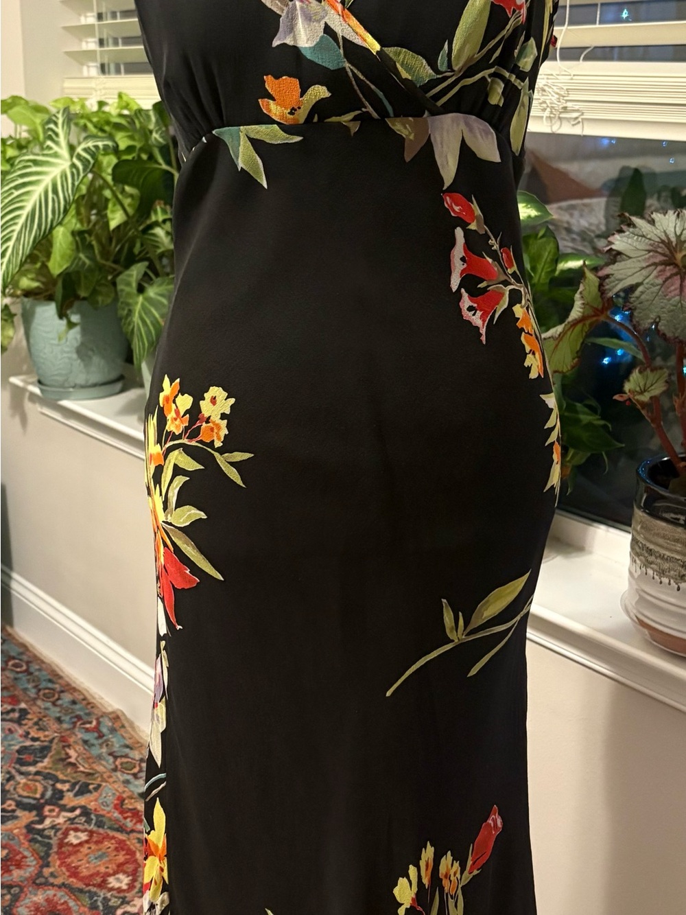 Silk Karen Kane Black Floral Wrap Maxi Dress with Multicolor Blooms